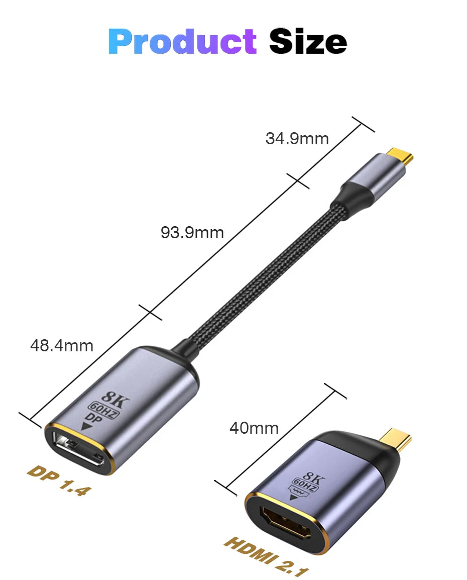 USB C To HDMI Adapter 4K 8K 60HZ Cable USB Type-C to DP miniDP 1.4 Converter VGA HDTV Displayport Adapter for MacBook M2 M3 Air