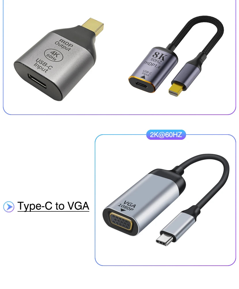 USB C To HDMI Adapter 4K 8K 60HZ Cable USB Type-C to DP miniDP 1.4 Converter VGA HDTV Displayport Adapter for MacBook M2 M3 Air