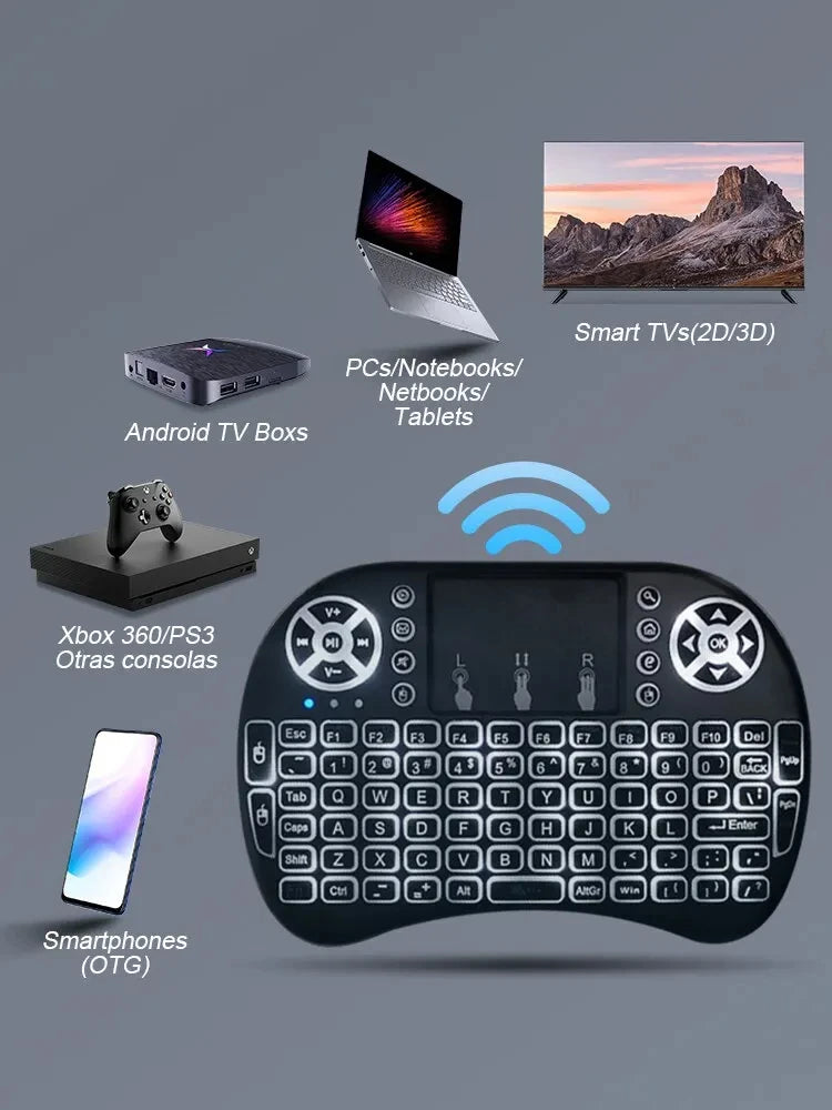 I8 Mini Wireless Keyboard 7 Color Backlit Russian French Spanish Portuguese Arabic 2.4G Air Mouse Remote for Android TV Box PC