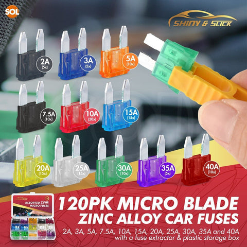 120Pk Micro Car Fuses Assorted 2 - 40 Amp Van Auto Fuse Mini Blade Set W/Puller