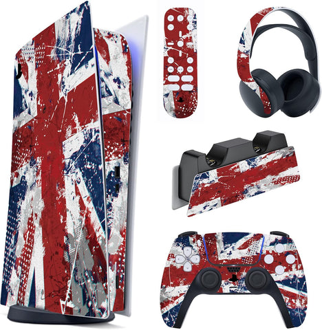 Impression UK Flag Full Set Skin Decal for PS5 Console Digital Edition, Sticker Vinyl Decal Cover for PS5 Controller & Charging Station & Headset & Media Remote