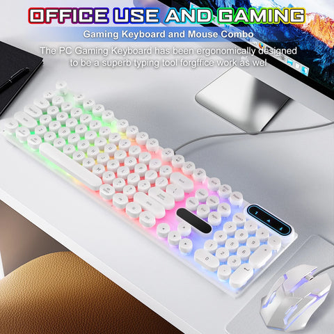 Gaming Keyboard and Mouse, Retro Punk LED Backlit Wired Computer Mouse and Keyboard Combo, for Game / Office, Windows Laptop PC (White)