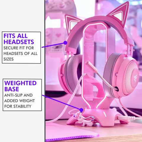 Gaming Headphone Stand | Pink Headset Stand | RGB Headset Holder for Desk with Mouse Bungee and USB Hub | Cute Headphone Stand for Gamer Girl Accessories