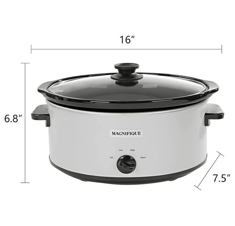 Magnifique 7 Quart Slow Cooker Oval Manual Pot Food Warmer with 3 Cooking Settings, White Stainless Steel