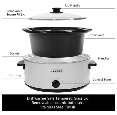 Magnifique 7 Quart Slow Cooker Oval Manual Pot Food Warmer with 3 Cooking Settings, White Stainless Steel