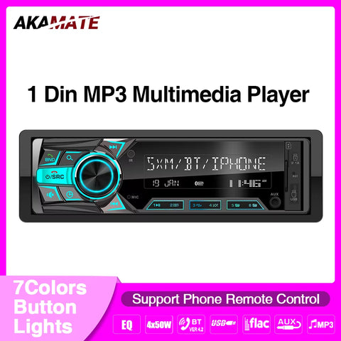 1 DIN Car Radio Universal MP3 Player Audio Multimedia FM Radio Bluetooth EQ Support AUX USB SD Card