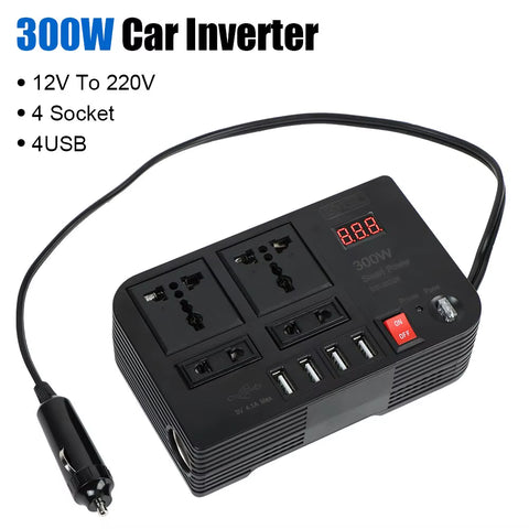 Overload Protection Car Inverter 4 AC Sockets 4 USB Ports ON/OFF Switch with Fuse 300W DC 12V to AC 220V Converter Power Adapter