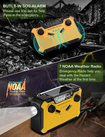 Emergency Radio,  NOAA Weather/Am/Fm Portable Hand Crank Solar Radios with SOS Alarm, Battery Powered and Built-In 2500Mah Power Bank, Flashlight and Reading Lamp for Camping, Hurricane, Home