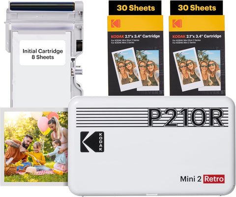 Mini 2 Retro 4PASS Portable Photo Printer (2.1X3.4 Inches) Initial 8 Sheets + 60 Sheets Bundle, White