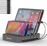 Charging Station for Multiple Devices : 5 Port Multi USB-A Charger Stations Multi-Device Organizer Charging Dock Designed for Iphone Ipad Cell Phone Tablets (7 Short Cables Included), Gray