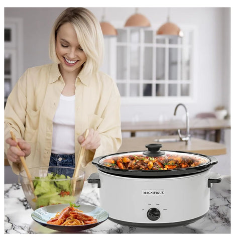 Magnifique 7 Quart Slow Cooker Oval Manual Pot Food Warmer with 3 Cooking Settings, White Stainless Steel