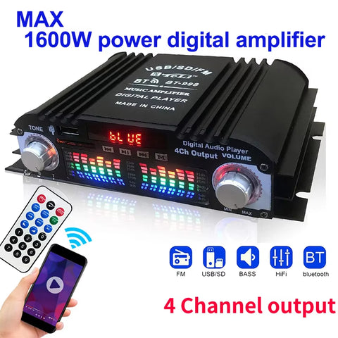 1600W Peak Power Hifi Sound Amplifier Digital 4 Channel Audio Amplifier Bluetooth Karaoke Player FM Radio Support Remote Control