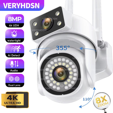 8MP Dual-Lens PTZ Wireless Security Camera - Full HD with Motion Detection &amp; 8X Digital Zoom