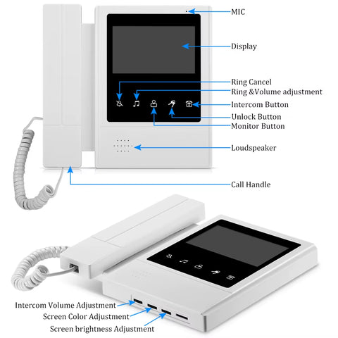 4.3 Inch Home Intercom Video Door Phone Video Intercom Doorbell Doorphone Waterproof 700TVL Camera Two-Way Audio IR Night Vision