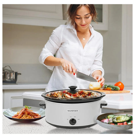 Magnifique 7 Quart Slow Cooker Oval Manual Pot Food Warmer with 3 Cooking Settings, White Stainless Steel