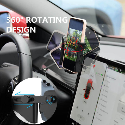 For Tesla Model Y/3 Phone Mount, Silent Non-Adhesive Screen Cradle for 5.5-7.0" Phones, Easy Tool-Free Install, 360° Rotation, Silicone Sunglasses Organizer – 2024 Upgrade for Secure Dashboard Fit