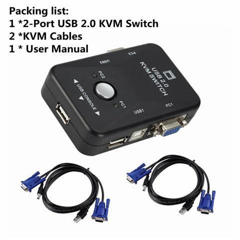 USB 2.0 KVM Switch Switcher 1920*1440 VGA SVGA Switch Splitter Box 2 Port with Two Cables for Keyboard Mouse Monitor Computer