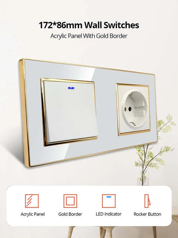 Wallpad White Acrylic Panel Gold Border Wall Light Switch LED Dimmer USB Charge EU Socket Outlet  4 5 6 7 8 Gang 2 Way Reset