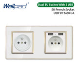 Wallpad White Acrylic Panel Gold Border Wall Light Switch LED Dimmer USB Charge EU Socket Outlet  4 5 6 7 8 Gang 2 Way Reset