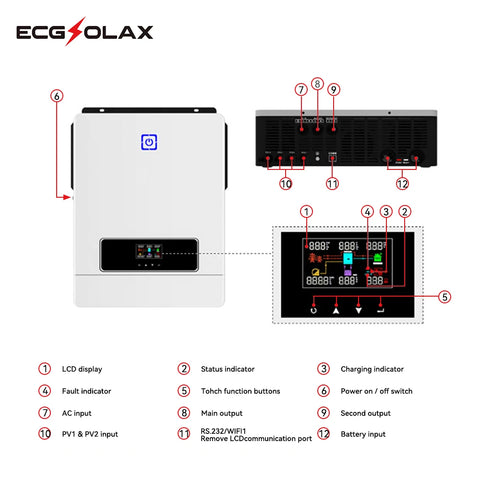 ECGSOLAX 8.2KW 10.2KW Hybrid Solar Inverter 48V 230VA MPPT 160A/180A Charging Controller PV Max 500VDC Pure Sine Wave Inverter