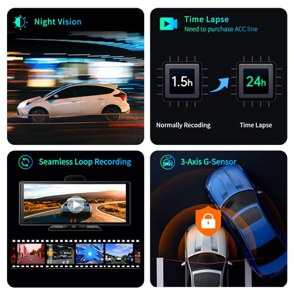 10.26" 4K Dash Cam ADAS Wireless Carplay & Android Auto Car DVR 5G WiFi GPS Navigation Rearview Camera Dashboard Video Recorder