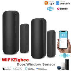 Tuya WiFi or Zigbee Window Door Sensor Battery Power Smart Home Security Alarm System Voice Control