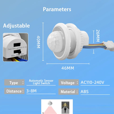 4 Pcs AC 85-265V LED PIR Infrared Motion Sensor Switch Time Light-sensing Adjustable Movement Detector Lamp Switch wholesale