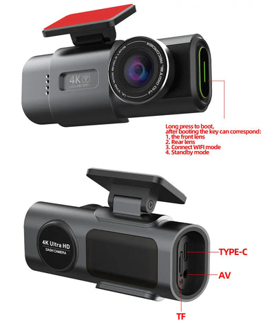 Dash Cam Dual Lens 4K UHD Recording Car Camera DVR Night Vision Video Recorder Built-In Wi-Fi Support GPS 24H Parking