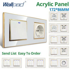 Wallpad White Acrylic Panel Gold Border Wall Light Switch LED Dimmer USB Charge EU Socket Outlet  4 5 6 7 8 Gang 2 Way Reset