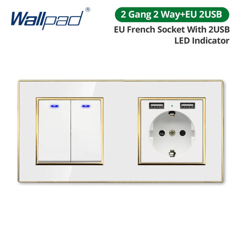 Wallpad White Acrylic Panel Gold Border Wall Light Switch LED Dimmer USB Charge EU Socket Outlet  4 5 6 7 8 Gang 2 Way Reset