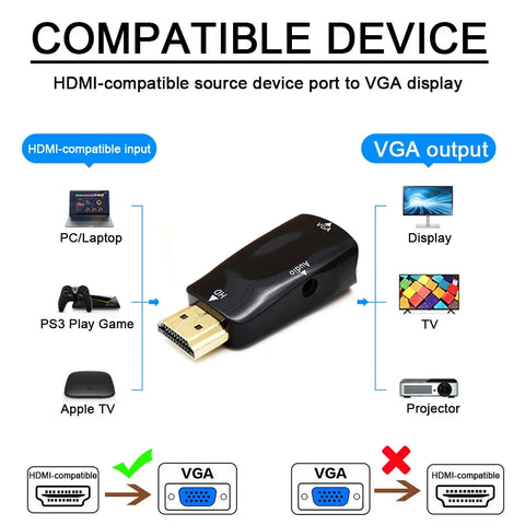 HDMI-compatible to VGA Adapter Male To Famale HD 1080P Audio Cable Converter For PC Laptop TV Box Computer Display Projector