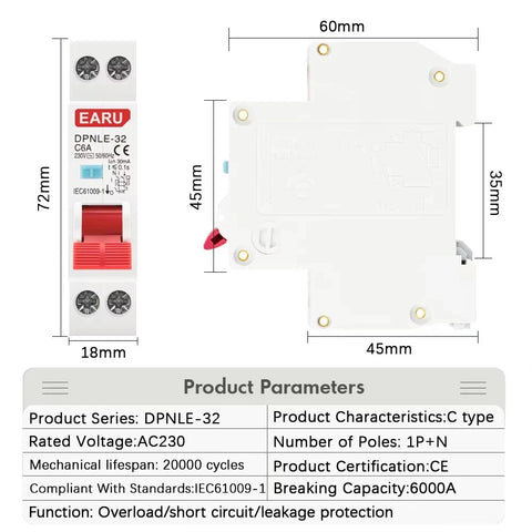 18MM RCBO 1P+N AC 230V 50/60Hz 6KA Residual Current Differential Automatic Circuit Breaker With Over Current Leakage Protection