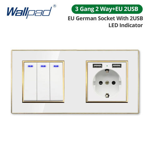 Wallpad White Acrylic Panel Gold Border Wall Light Switch LED Dimmer USB Charge EU Socket Outlet  4 5 6 7 8 Gang 2 Way Reset