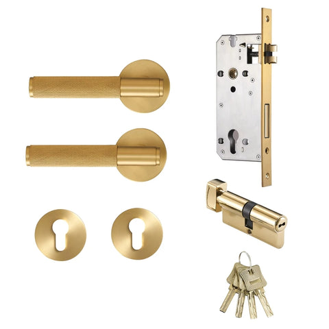 Dooroom Brass Door Lever Set Knurled Privacy Passage Dummy Thumbturn Lock Handle Set Knurled Hardware