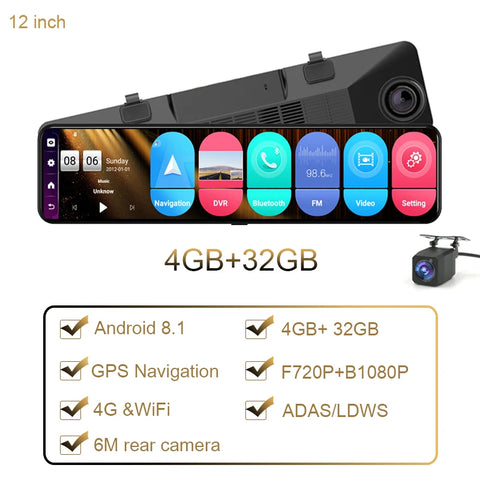 12" Car Mirror Dash Cam DVR 1080P Dual Camera WiFi BT Android 8.1 GPS Navigation ADAS Rearview Camera Video Recorder Black Box