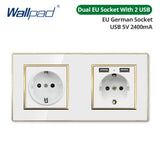 Wallpad White Acrylic Panel Gold Border Wall Light Switch LED Dimmer USB Charge EU Socket Outlet  4 5 6 7 8 Gang 2 Way Reset