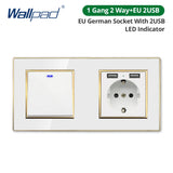 Wallpad White Acrylic Panel Gold Border Wall Light Switch LED Dimmer USB Charge EU Socket Outlet  4 5 6 7 8 Gang 2 Way Reset