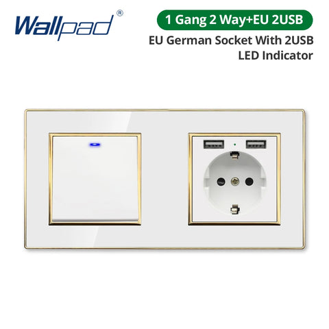 Wallpad White Acrylic Panel Gold Border Wall Light Switch LED Dimmer USB Charge EU Socket Outlet  4 5 6 7 8 Gang 2 Way Reset