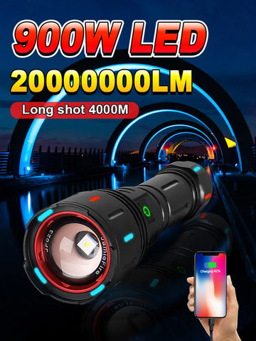 20000000LM Most Powerful LED Flashlight USB Rechargeable Lamp 900W LED Flashlights Super Bright Zoomable Torch Long Shot 4000M