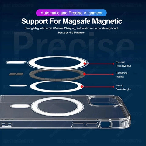 Transparent Magnetic Case For iPhone 16 15 13 12 11 14 Pro Max 7 8 Plus X XS XR Magsafe Wireless Charging Shockproof Accessories