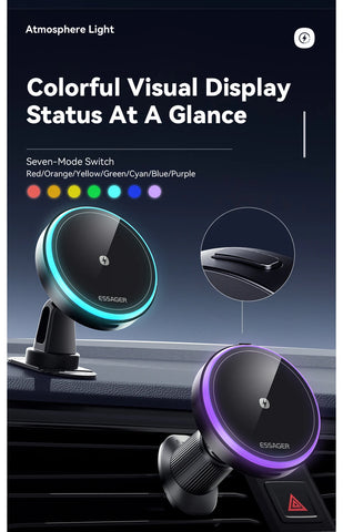 Essager Magnetic Wireless Charger Car Phone Holder 15W RGB Seven Color Light Fast Charging Mount Stand For IPhone15 14 13Android