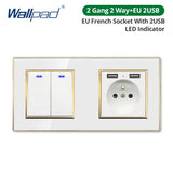 Wallpad White Acrylic Panel Gold Border Wall Light Switch LED Dimmer USB Charge EU Socket Outlet  4 5 6 7 8 Gang 2 Way Reset