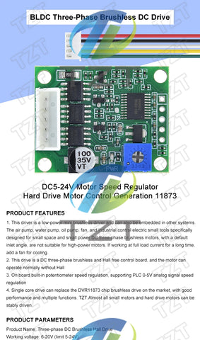 TZT DC 6-20V 60W 12V Brushless Motor Driver Board BLDC Speed Controller 3 Phase Governor Hallless Switch Module With Cable