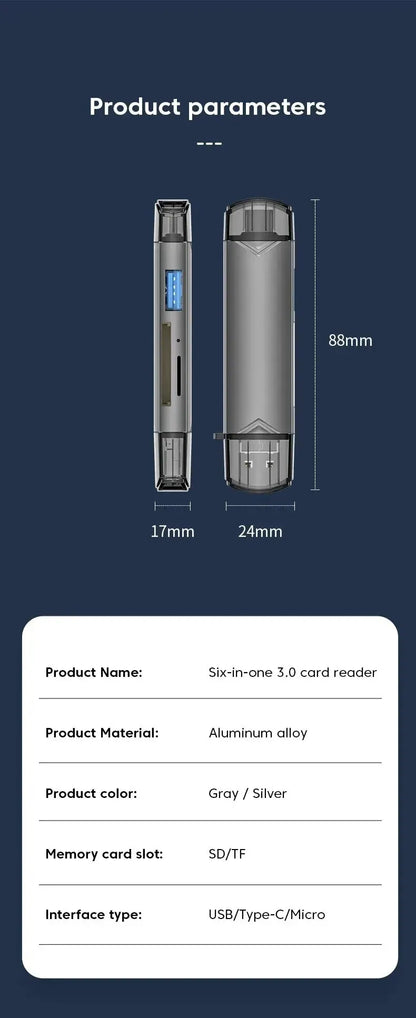 JASTER 6 In 1 Multifunction USB 3.0 Card Reader U Disk TYPE-C/Usb/Tf/Sd Flash Drive Memory Card for Adapter Phone Laptop Compute