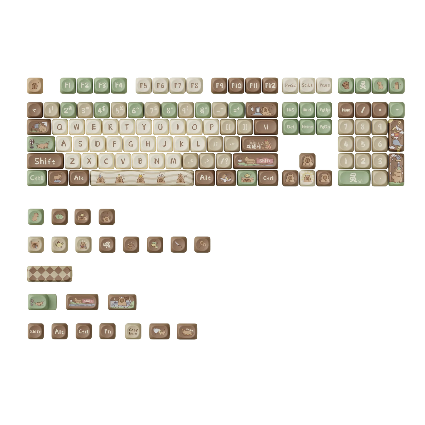 131Keys Capybara Keycap Cute Cartoon Sublimation Keycap Personalized DIY Mechanical Keyboard Customized Keycap White Green Brown