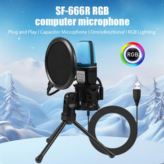 SF666R USB Microphone RGB Microfone Condensador Wire Gaming Mic for Podcast Recording Studio Streaming Laptop Desktop PC Mic