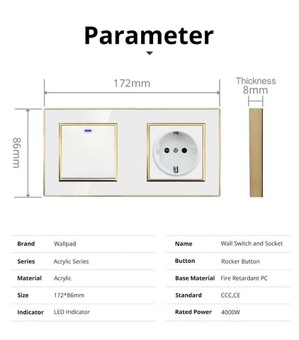 Wallpad White Acrylic Panel Gold Border Wall Light Switch LED Dimmer USB Charge EU Socket Outlet  4 5 6 7 8 Gang 2 Way Reset