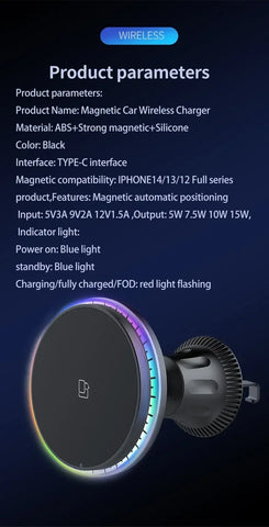 30W Magnetic Car Wireless Charger RGB For iPhone 12 13 14 15 Pro Max Macsafe Car Phone Holder Stand Mount Fast Charging Station