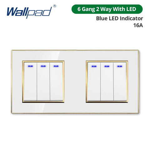 Wallpad White Acrylic Panel Gold Border Wall Light Switch LED Dimmer USB Charge EU Socket Outlet  4 5 6 7 8 Gang 2 Way Reset