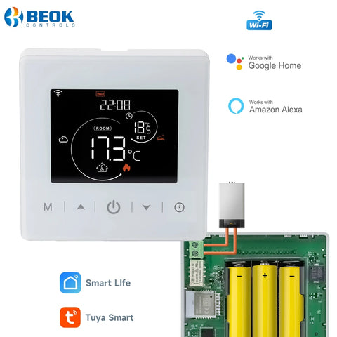 Beok Tuya Smart Thermostat Battery Powered Smart Home Gas Boiler Wifi Temperature Controller Work with Alexa Google Home